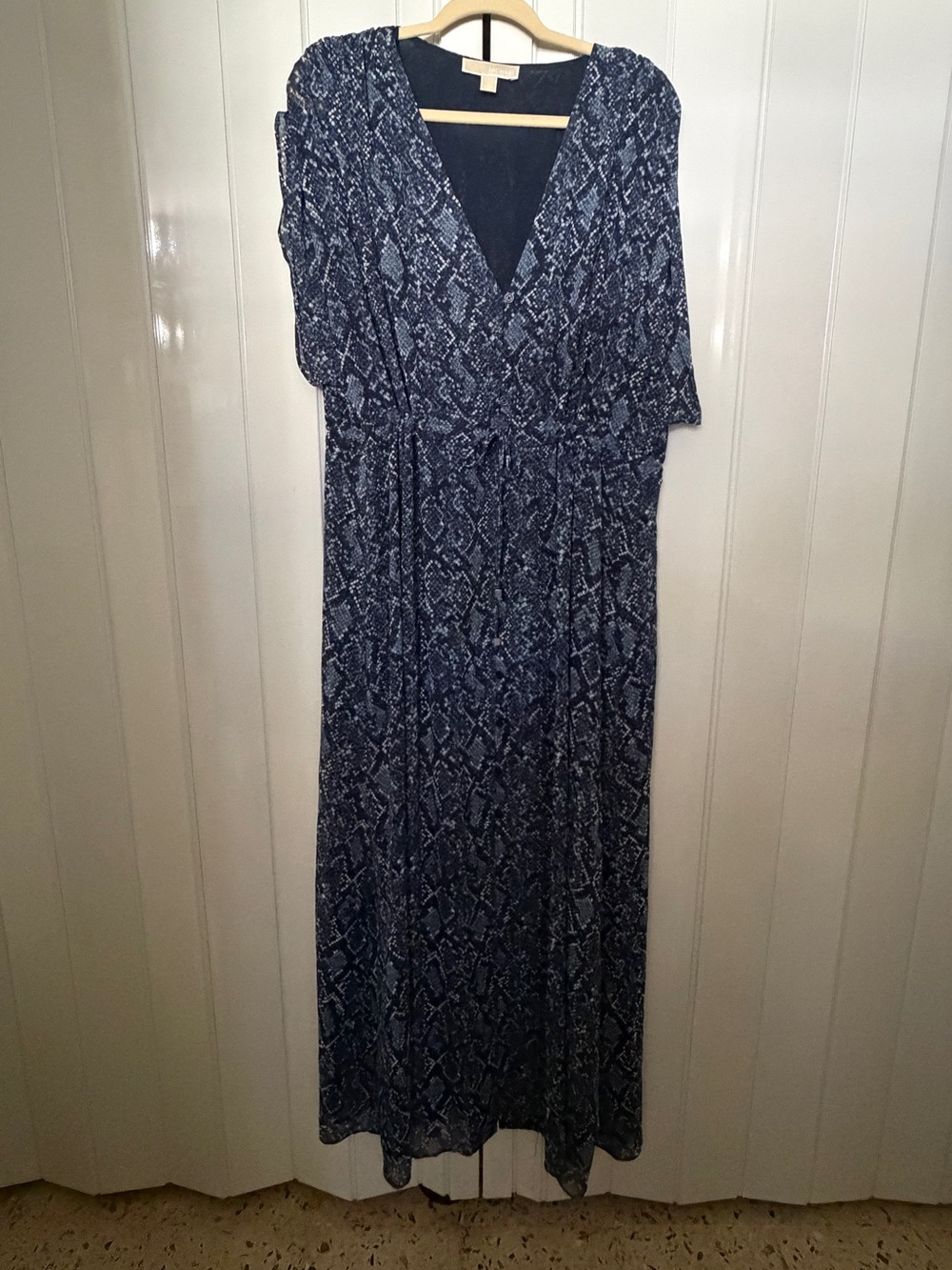 Navy Snakeskin Printed V-Neck Drawstring Maxi Dress